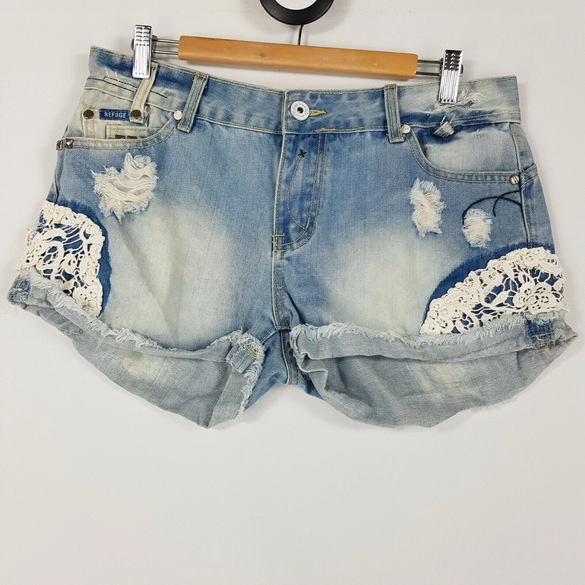 Refuge Women 12 Blue Shorts Distressed Lace Features Denim Short