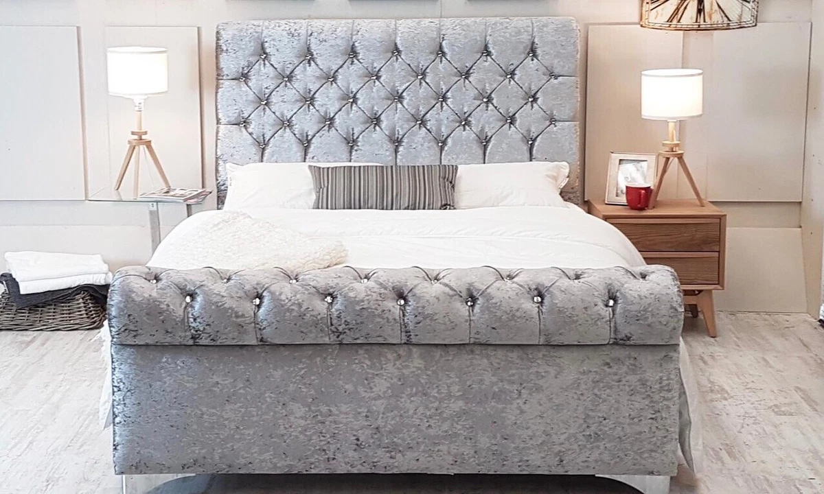 Silver velvet cheap sleigh bed