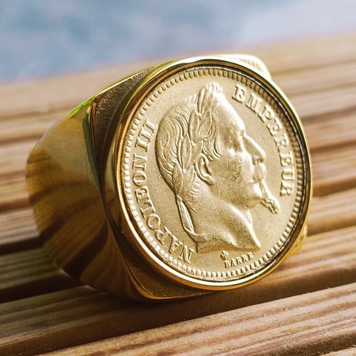 Bague Chevalière Carré 20 Francs Napoléon III en Acier Inoxydable Doré Or fin - Photo 2/5