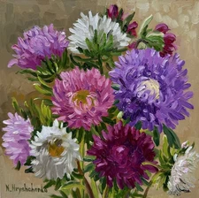 Asters Blooming Flowers Impasto Impressionism Original Oil Painting  8x8 inch