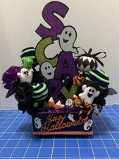 Halloween Scary Ghost Small Wood Crate Tiered Tray Table Florals & Pumpkins New