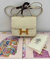 NIB Hermes Constance 18 Mini Mirror Ostrich Leather in Béton with Gold Hardware 