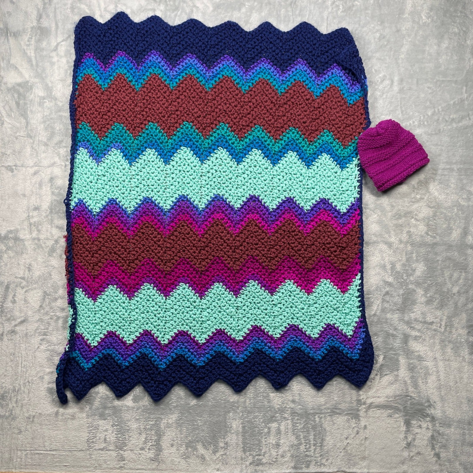 Crochet Chevron Blanket Beanie Set Purple