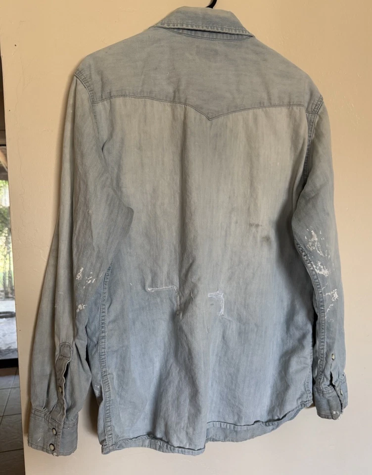 VTG Vintage Thrashed Repaired Lee Painter Denim Shirt Pearl Snap Western Size M - Image 4 of 4