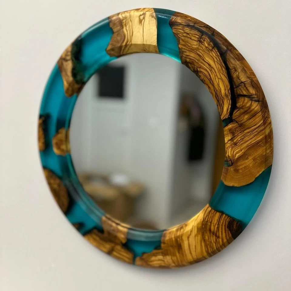Handmade Epoxy Wall Clock  Mirror Set with Olive Wood Unique 3-Piece Decor 20'' - Image 2 of 4