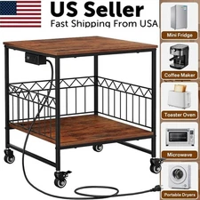 Mini Fridge Stand With Storage & Charging Station, Mobile Shelf With 4 Wheels US