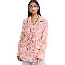 Free People Olivia Gingham Double Breasted Belted Blazer Pink  Cream Women's M