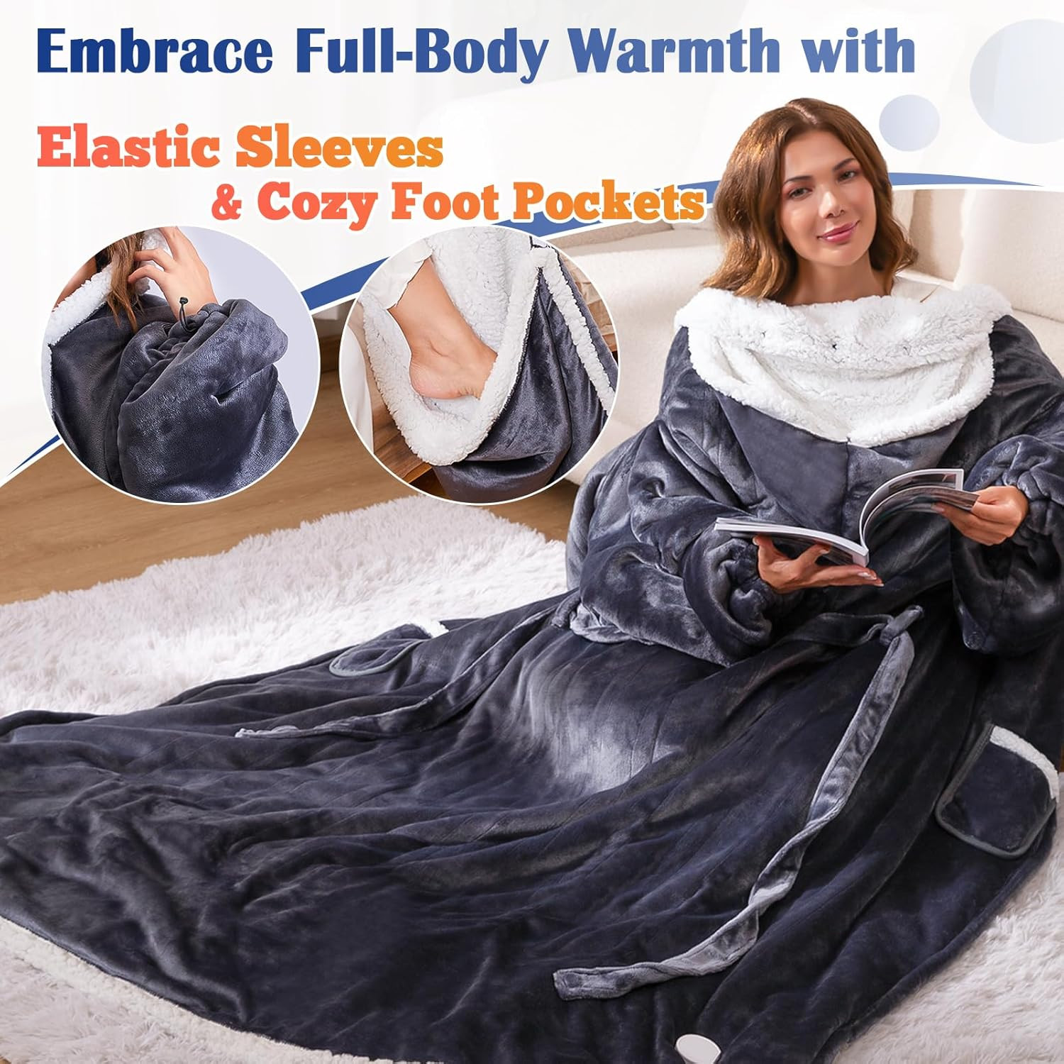 Wearable Heated Blanket Electric Snuggle Throw Blankets,Flannel&Sherpa Heating B