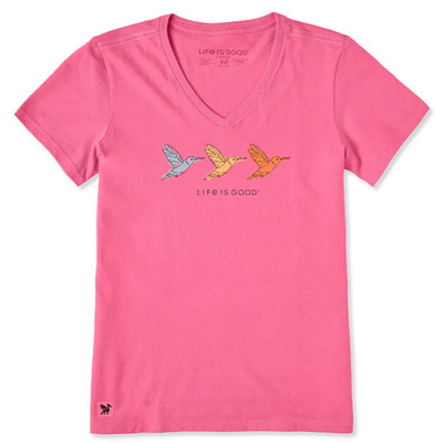 Life is Good. Women's Three Crafty Hummingbird Short Sleeve Crusher Vee