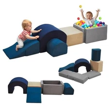 7 Pieces Climbing Toys and Blocks - Indoor Soft Foam Climber PlaySet Grey/Blue