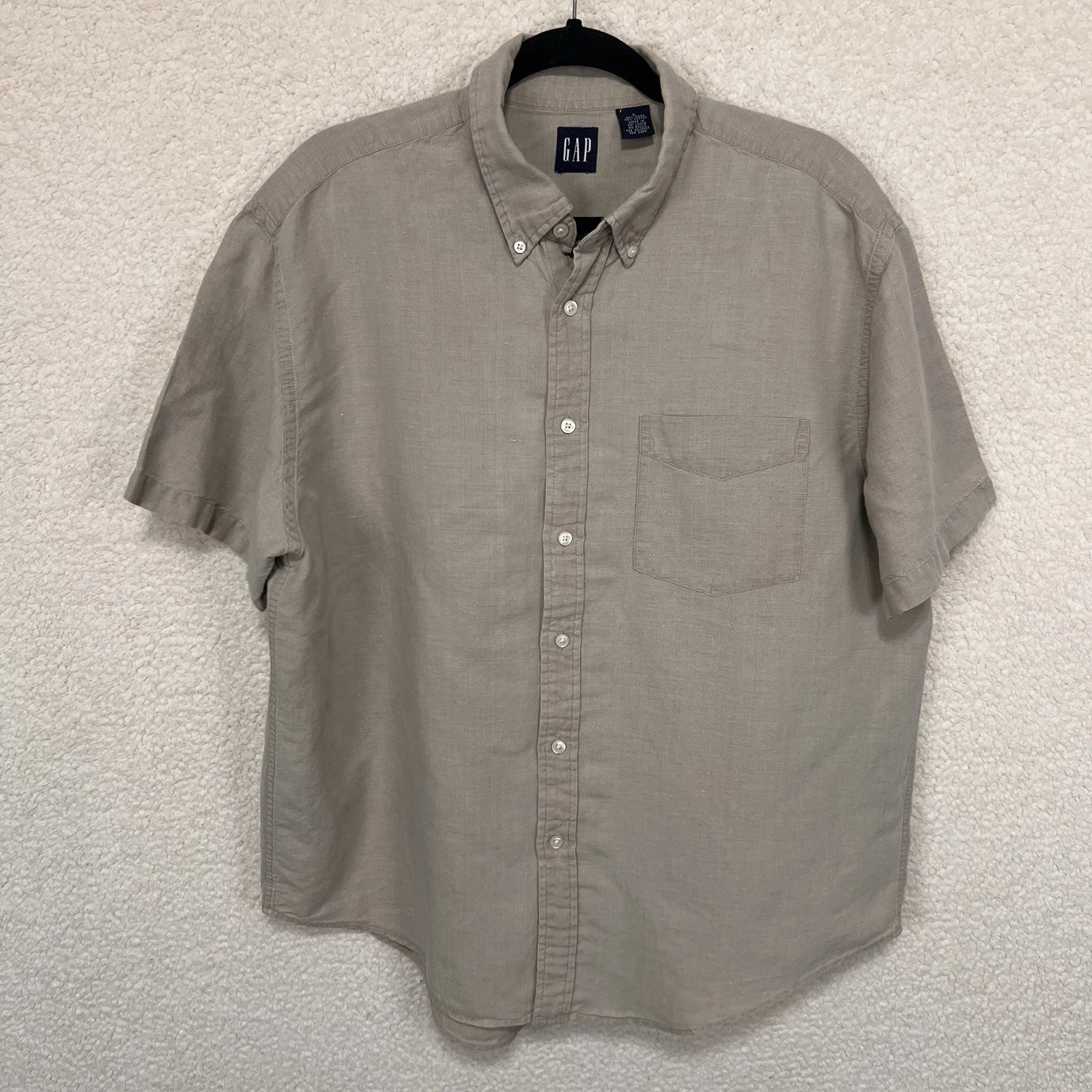 Gap Linen Blend Button Up Shirt Men’s Large Beige Short Sleeve Summer Casual