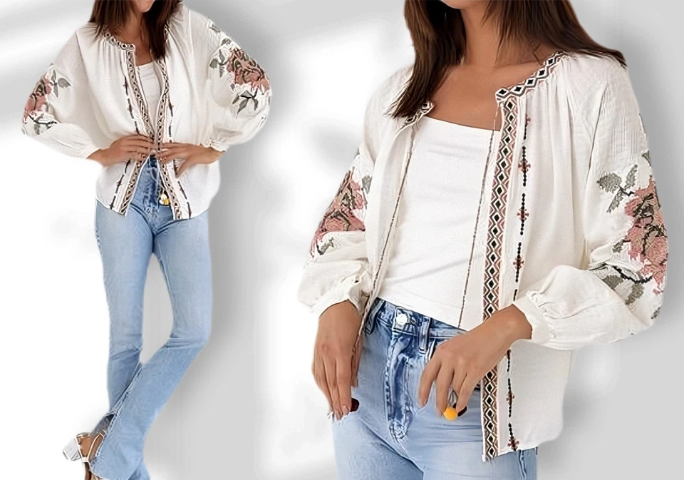 ZARA 🤍 JACKE BLUSE BESTICKT BOHO HIPPIE STICKEREI QUASTEN BAUMWOLLE - Bild 2 von 4