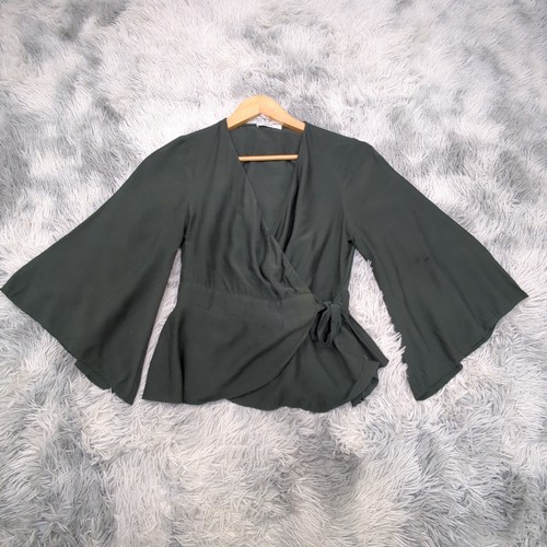 Sheike Blouse Top Womens 8 Dark Green Fold Over Wrap Style Flared Sleeve V-Neck - Picture 15 of 15
