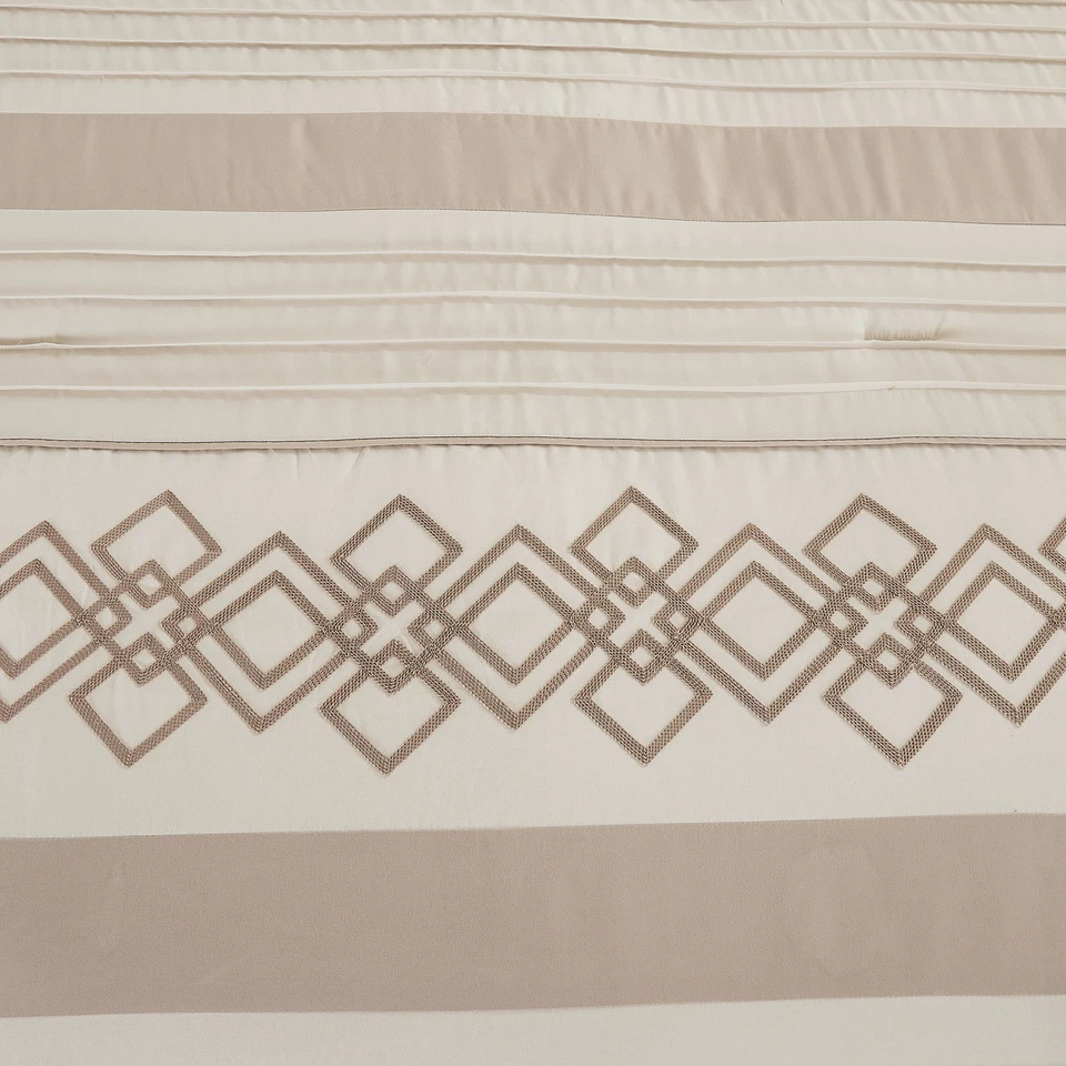 Luxury 7-Piece Taupe Bedding Set Geometric Embroidered Striped Comforter Set - Image 2 of 4