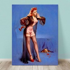 VINTAGE Pin-up Girl CANVAS PRINT Gil Elvgren 32x24" Puppy Hiding Labrador Dog