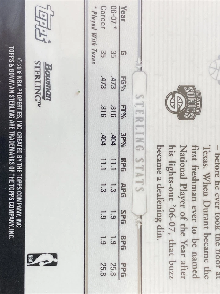 2007/2008 Bowman Sterling Kevin Durant Rookie | Perfect Condition Mint - Image 3 of 4