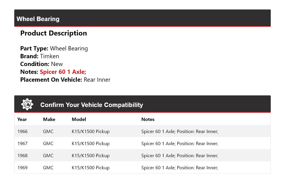Cojinete de rueda interior trasero Timken 1967 1968 para camioneta GMC K15/K1500 1966-1969 Foto 2 de 4