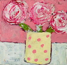 Pink Roses Original Floral 4x4 Mini Flower Painting Polka Dots Miz Katie