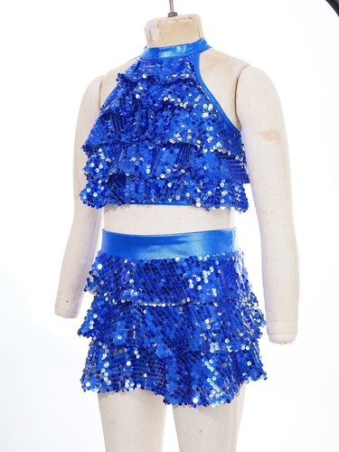 Kids Girls Modern Latin Jazz Dance Outfits Crop Tops Skirt Shiny Sequins Costume - 第 52/65 張圖片