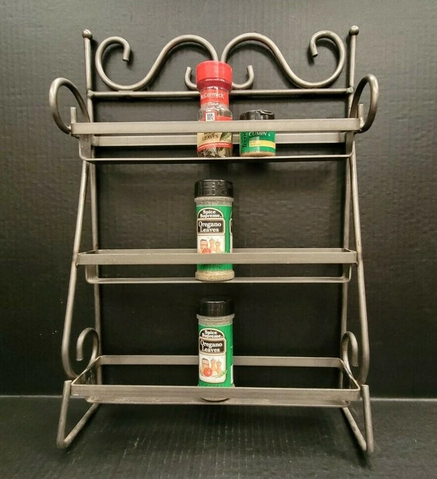 THREE TIER DECORATIVE METAL SPICE RACK Pewter Color/Hang or Stand Alone