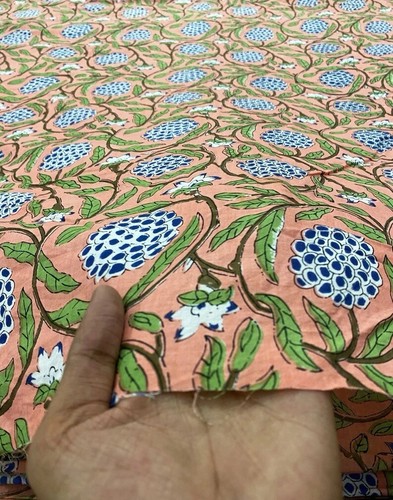 Indian Blue and White Floral Hand Block Print Cotton Fabric (by the yard) - Picture 2 of 3