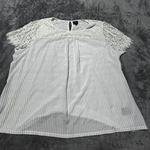 Worthington Damen 3X Spitzenärmel Nadelstreifen Bluse weiß schwarz Schlüsselloch Übergröße
