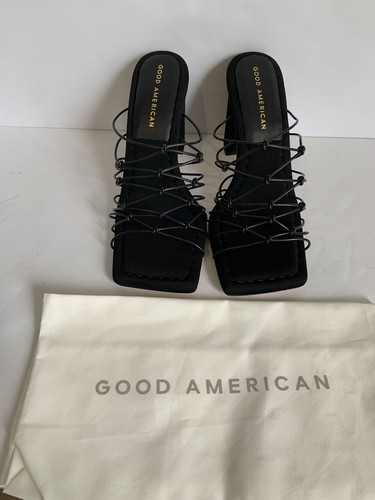 Good American Women’s Shoes Sz 5 Black Mule Block String Caged Neoprene 3” Heels - Picture 3 of 9