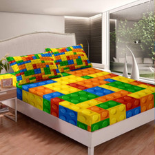 Kids Games Bed Sheet Set for Child Bedroom Color Building Blocks Fitted Sheet fo
