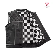Men's Leather Vest White Checker & White Diamond Thread Concealed Waistcoat