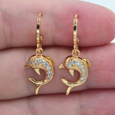 18K Yellow Gold Filled Women Clear Mystic Topaz Dolphin Dangle Earrings Jewelry