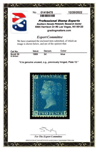 Gr. Britain Scott #30 SG47 2d QV Stamp. Mint OGH. Plate 15. PSE Cert. CV $500 - 第 1/3 張圖片