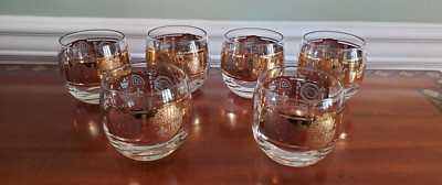 SWANKY MID CENTURY CULVER LOWBALL ROLY POLY GLASSES 22KT GOLD ACCENTS SET OF (6)