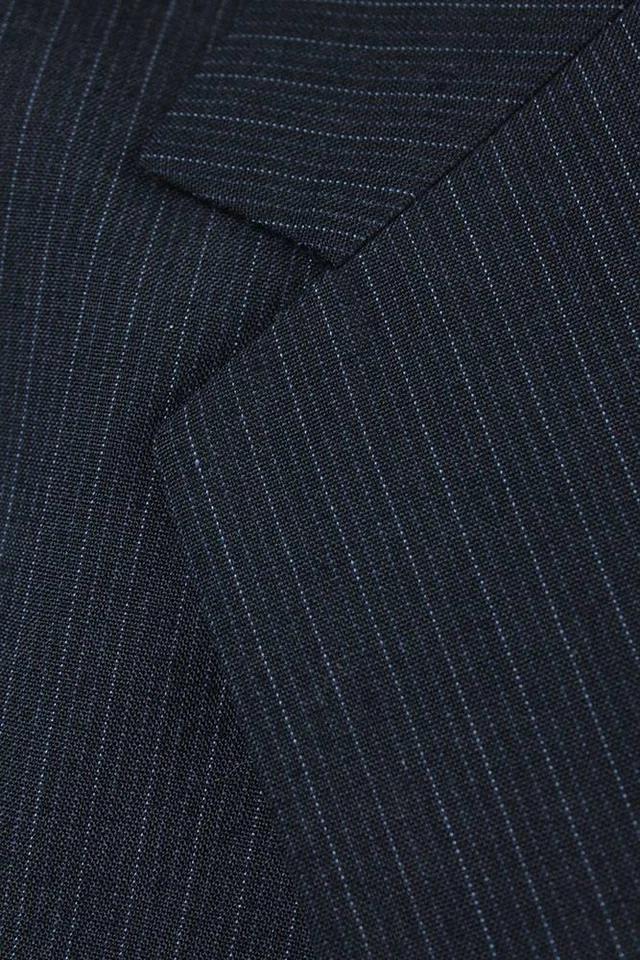 Traje Vintage Tres 3 Piezas 42L Delgado 35x30 Blazer Chaleco Pantalones Azul Oscuro Rayas Foto 3 de 4