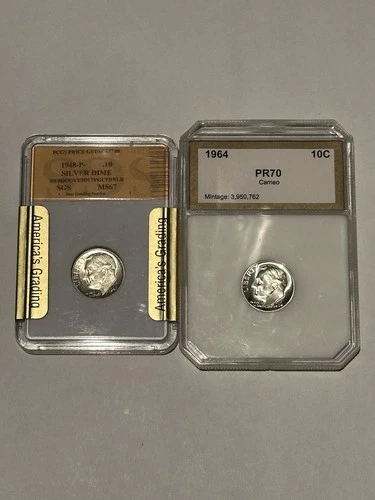 LOT OF (2) 1948 (P) Roosevelt Dime/1964 Proof 10¢ - BU - Choice Gem Uncirculated