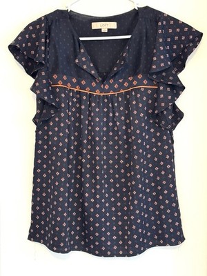 Loft Women's Blue Geometric Patterned Flutter Sleeved Blouse Size XS