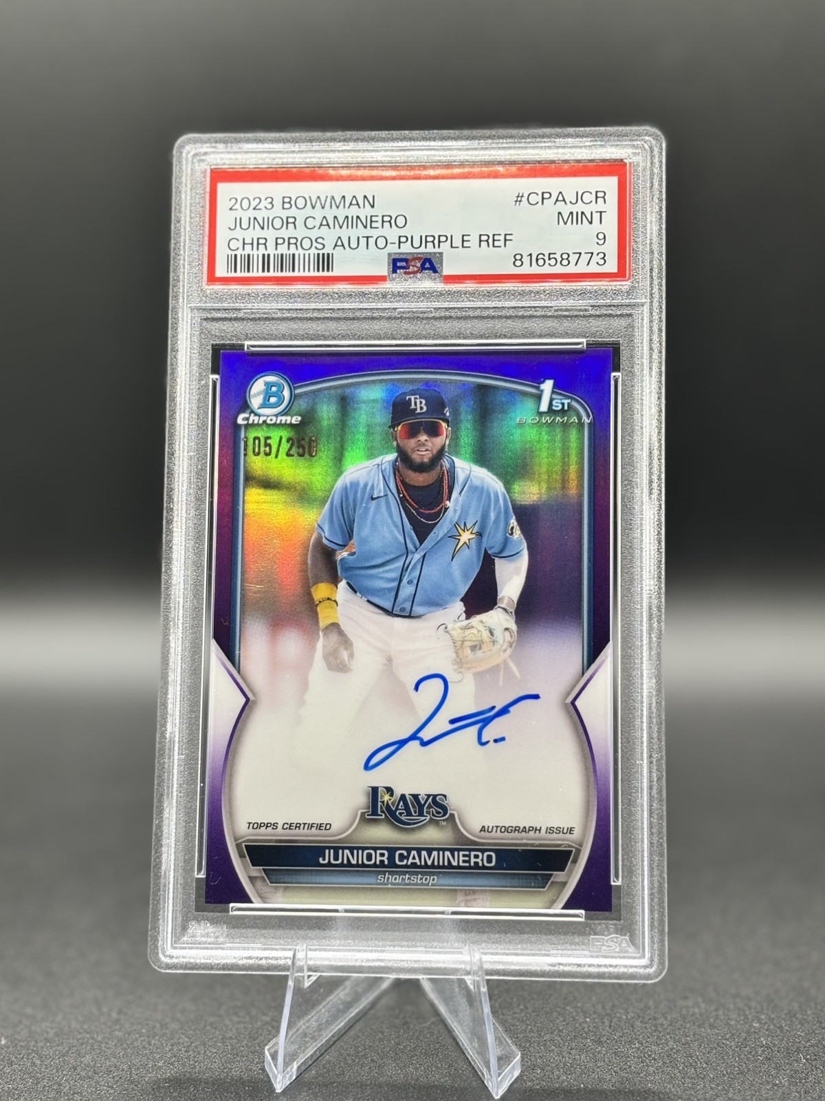 2023 Bowman Chrome 1st Junior Caminero True Purple Refractor Auto #/250 PSA 9