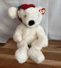 Ty Beanie Buddy White Bear Plush w/ Red/Green Santa Hat Heart Tag 1998