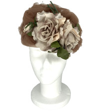 Vintage MCM 1960s Tuffed Light Brown Tulle Hat with Huge Roses