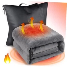Heated Car Blanket - WARMITORY Travel Blanket Pillow Luxury Leatheret, 12V 2 