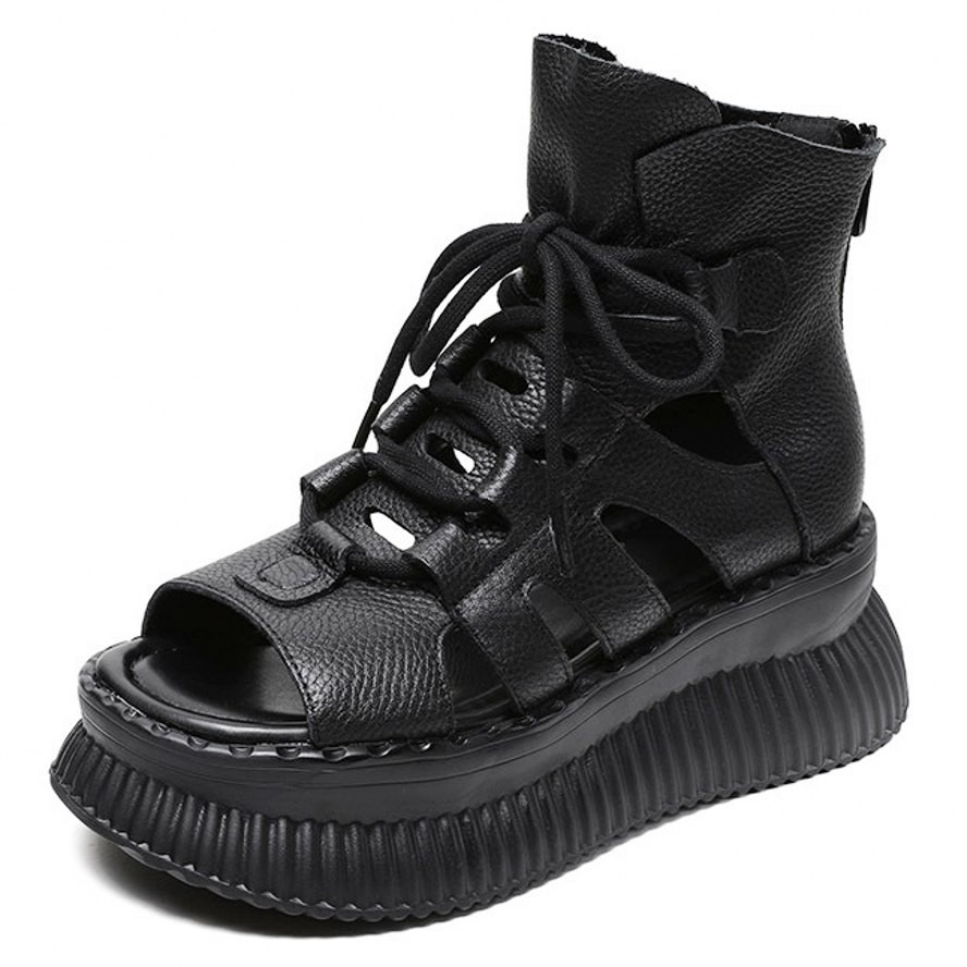 SAOLA Stivaletti donna suola spessa vera pelle sandali alti plateau piatto creepers