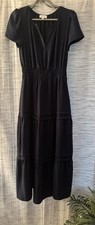 Tahari Arthur S. Levine Women's Navy Blue Solid Tiered V-Neck Midi Dress S