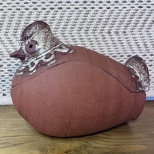 Handcrafted Red Clay Roaster Chicken Interior Glazed Tureen Signed Vtg