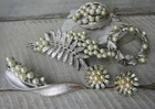 Vintage TRIFARI Silver Tone Faux Pearl EAF Pin Brooch Rhinestone Earrings LOT
