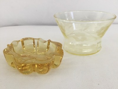 Amber Yellow Vtg Fostoria Glass Flower-Shape Ashtray & Berry/Custard Etched Dish