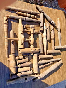 Antique Wooden Spinning Wheel Parts Fly Bobbin Spindles and Much More 20+ Pieces