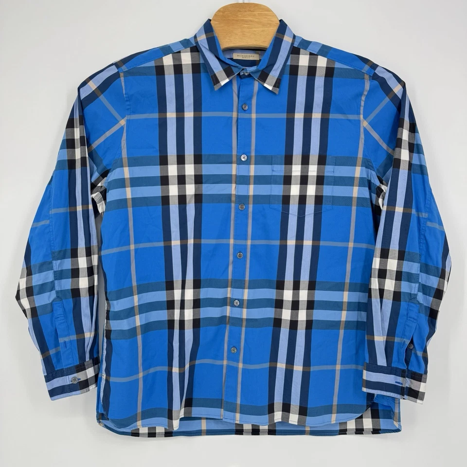 Burberry Brit Men's Size XXL Blue Plaid Cotton Blend Button Down Shirt Stretch - Image 2 of 4