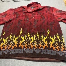 Vintage Y2K Emergency Exit Dragon Flame Shirt Red XXL Polyester Short Sleeve AOP