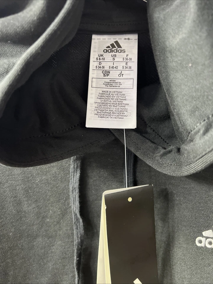 ADIDAS SUDADERA CON CAPUCHA MUJER PEQUEÑA NEGRA SÓLIDA RECORTADA SUDADERA JERSEY NUEVO CON ETIQUETAS. Foto 3 de 4