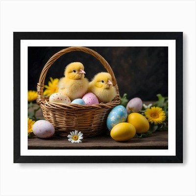 Ostern Küken im Korb Kunstdruck gerahmt Wandbild Poster Leinwanddruck Bild
