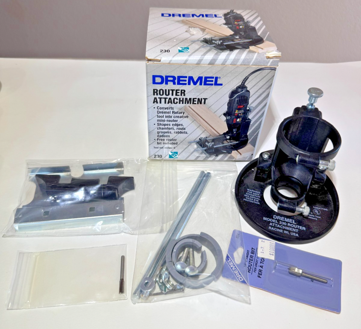 Vintage NOS Dremel Router Attachment Kit Model 230 with bits Racine Wisconsin